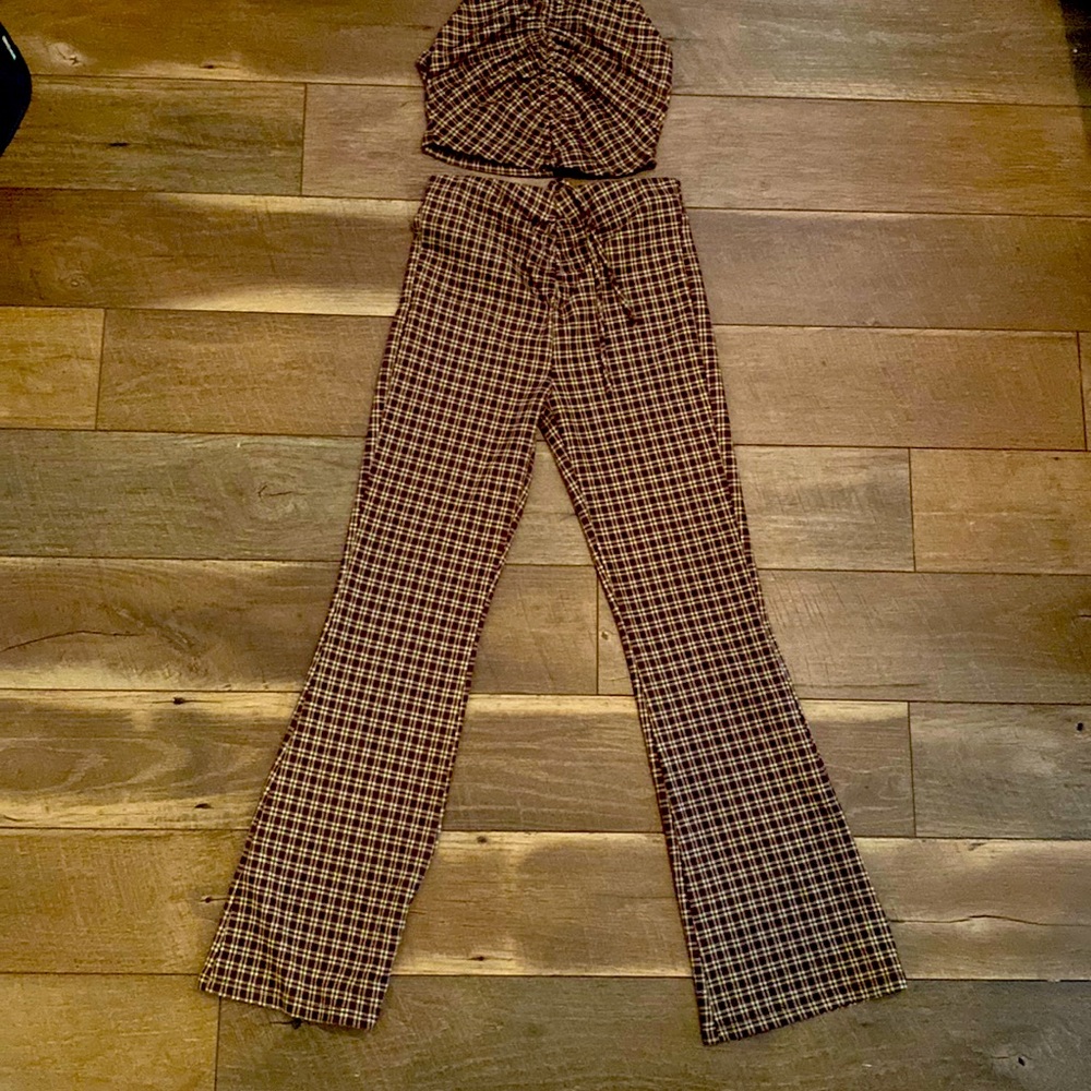 Princess Polly Brown Plaid Flared Pants - Picture 1 of 10